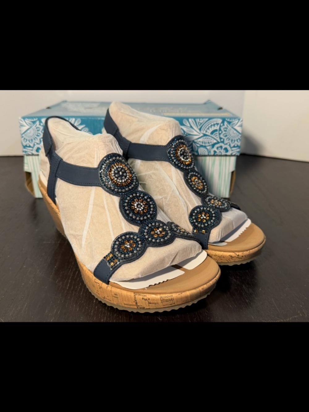 Skechers Beverlee Beaded Wedge Sandals Date Glam Navy Womans 9M